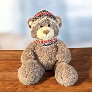 Gentle Treasure Gray Bear Plush 17" Winter Hat Scarf Red Blue Stuffed Animal Toy